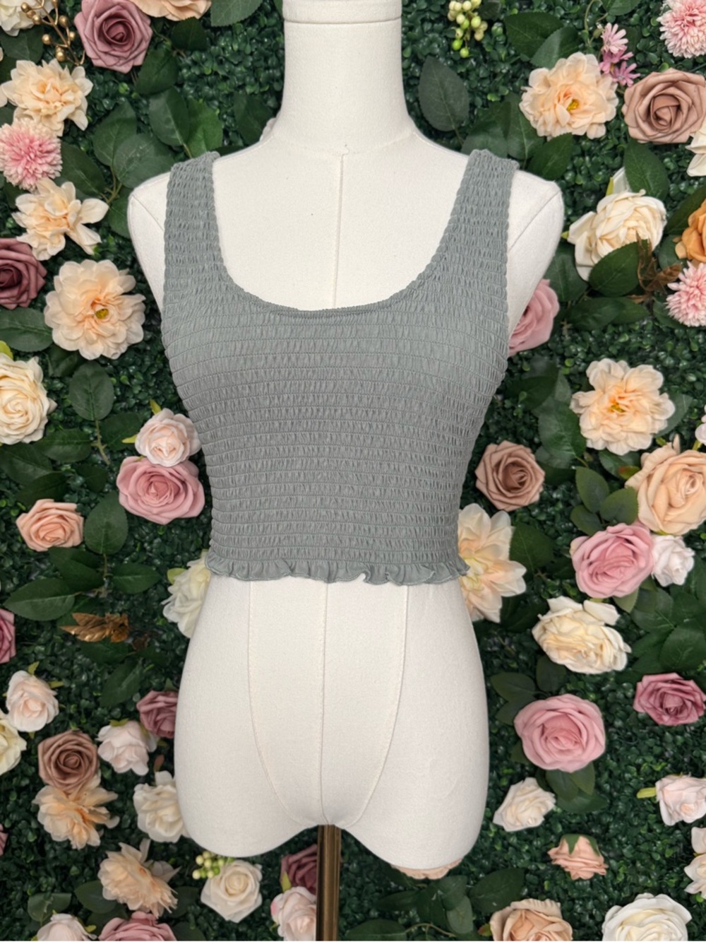 Light Olive Green Smocked Crop Tank